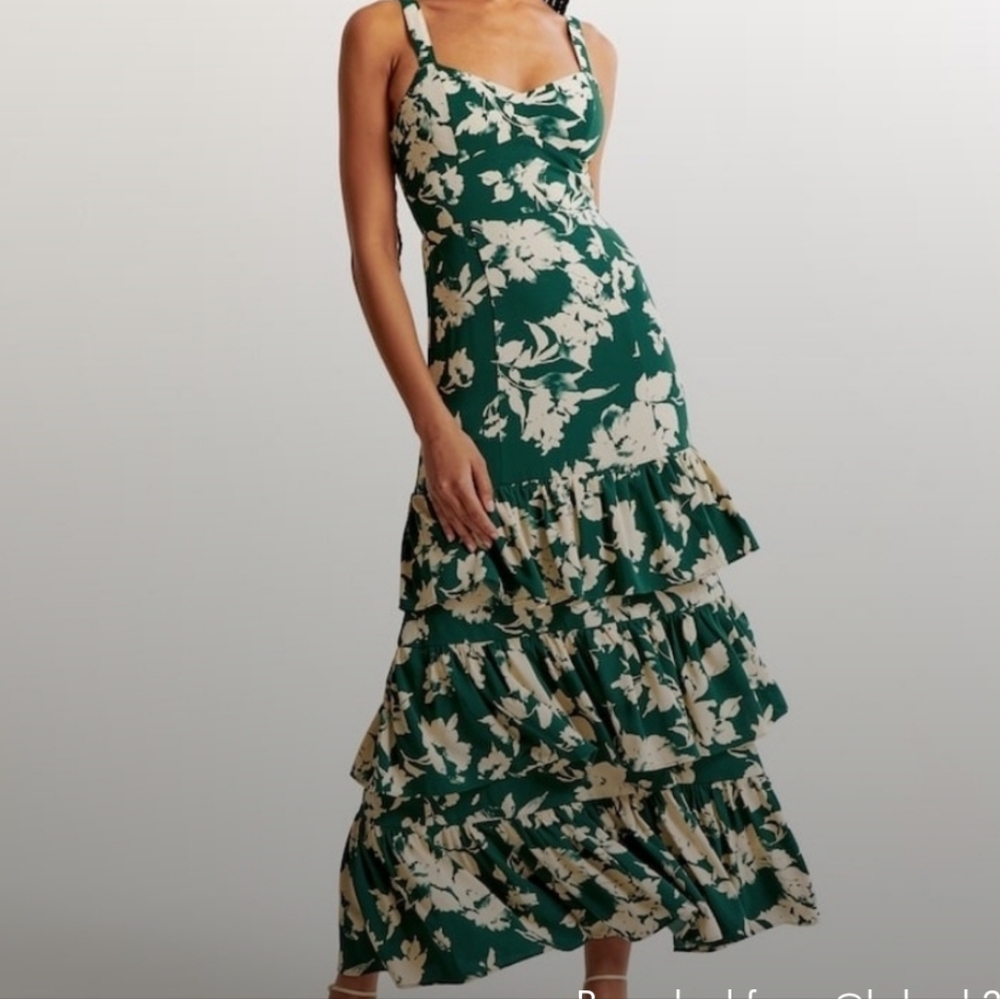 Abercrombie & Fitch Green and White Ruffled Maxi Dress Size Small - Picture 11 of 11